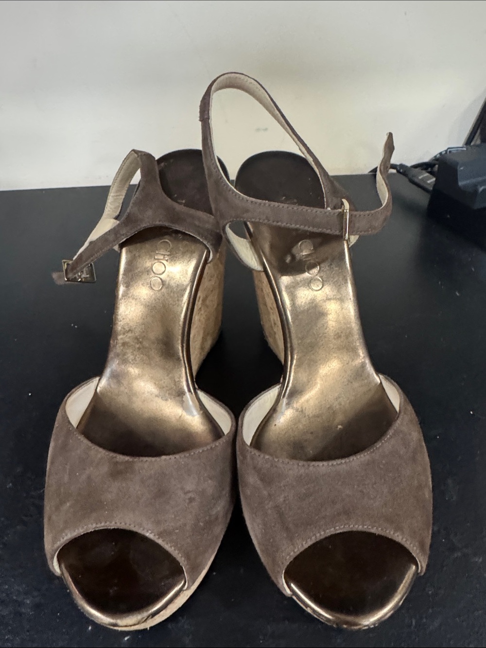 Jimmy Choo Brown Suede Peep-Toe Wedge Sandals